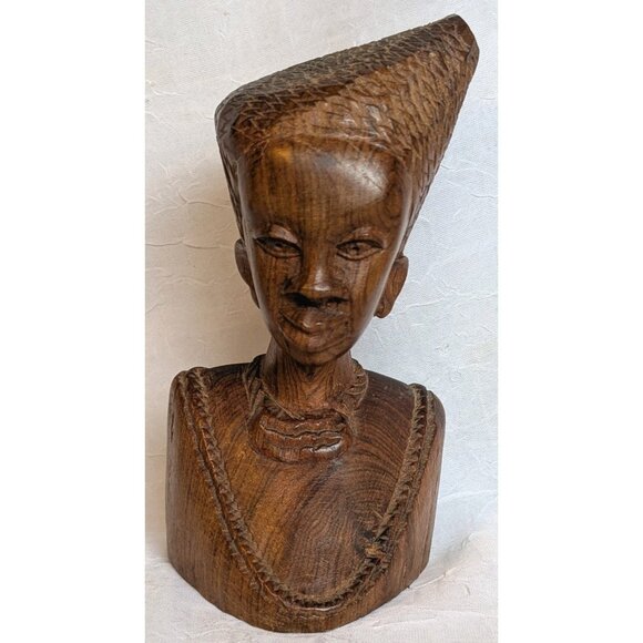 Wooden Handcarved African Statues Head Bust Tribal Man & Woman Pair Folk Art Set - Picture 2 of 16